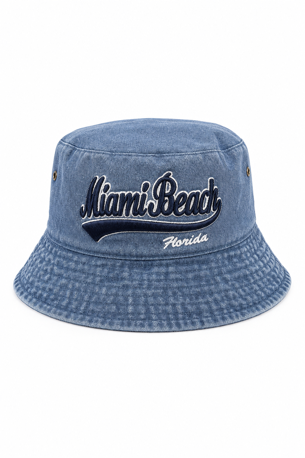 Casual Denim Bucket Hat with Miami Beach Embroidery - Image 1