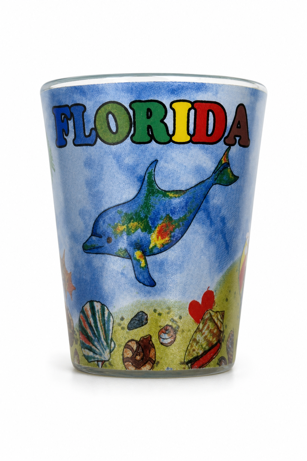 Colorful Florida-Themed Souvenir Shot Glass with Dolphin and Seashell Design - Image 1