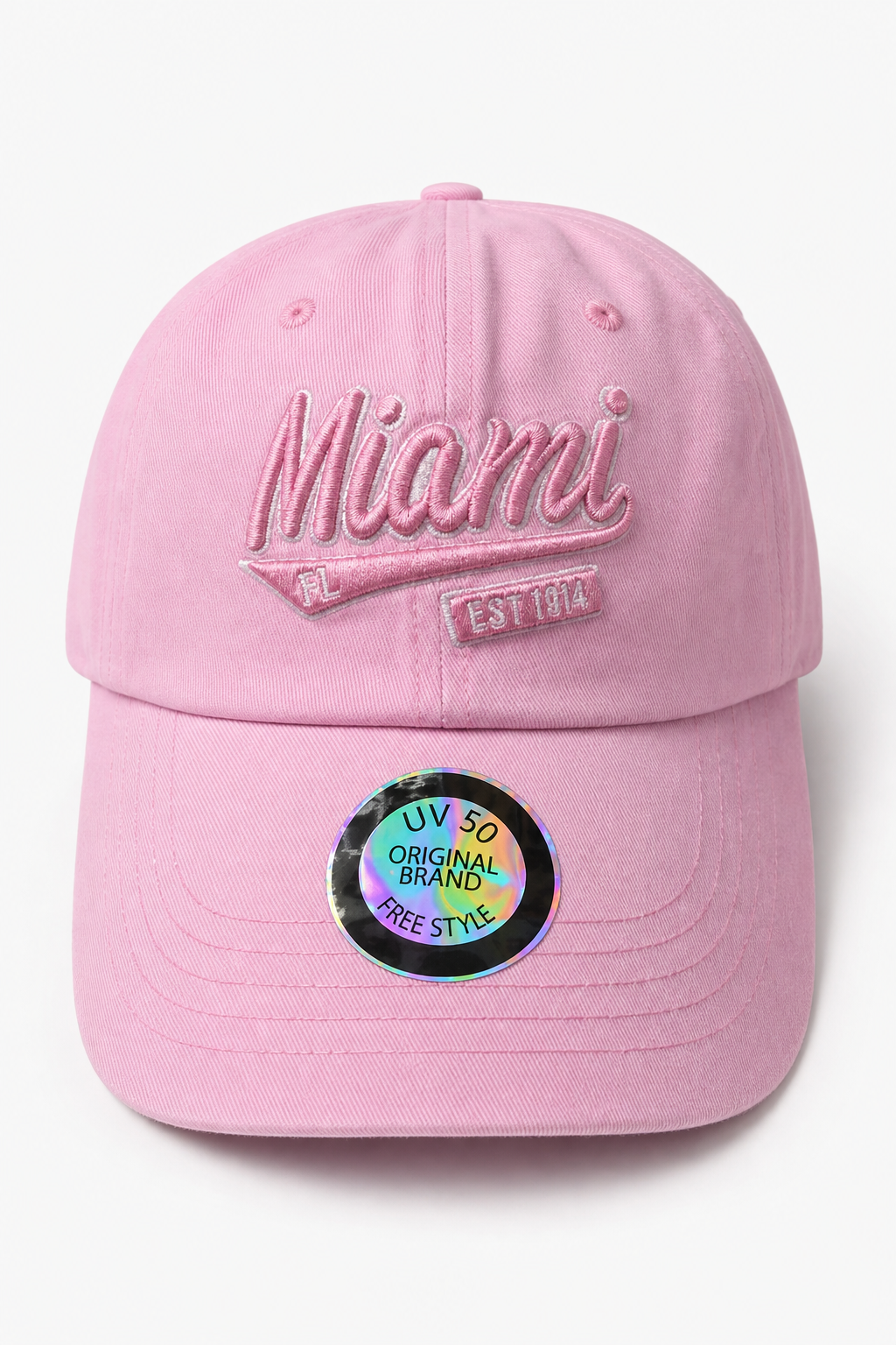 Pink Miami Embroidered Baseball Cap with UV Protection - Image 1