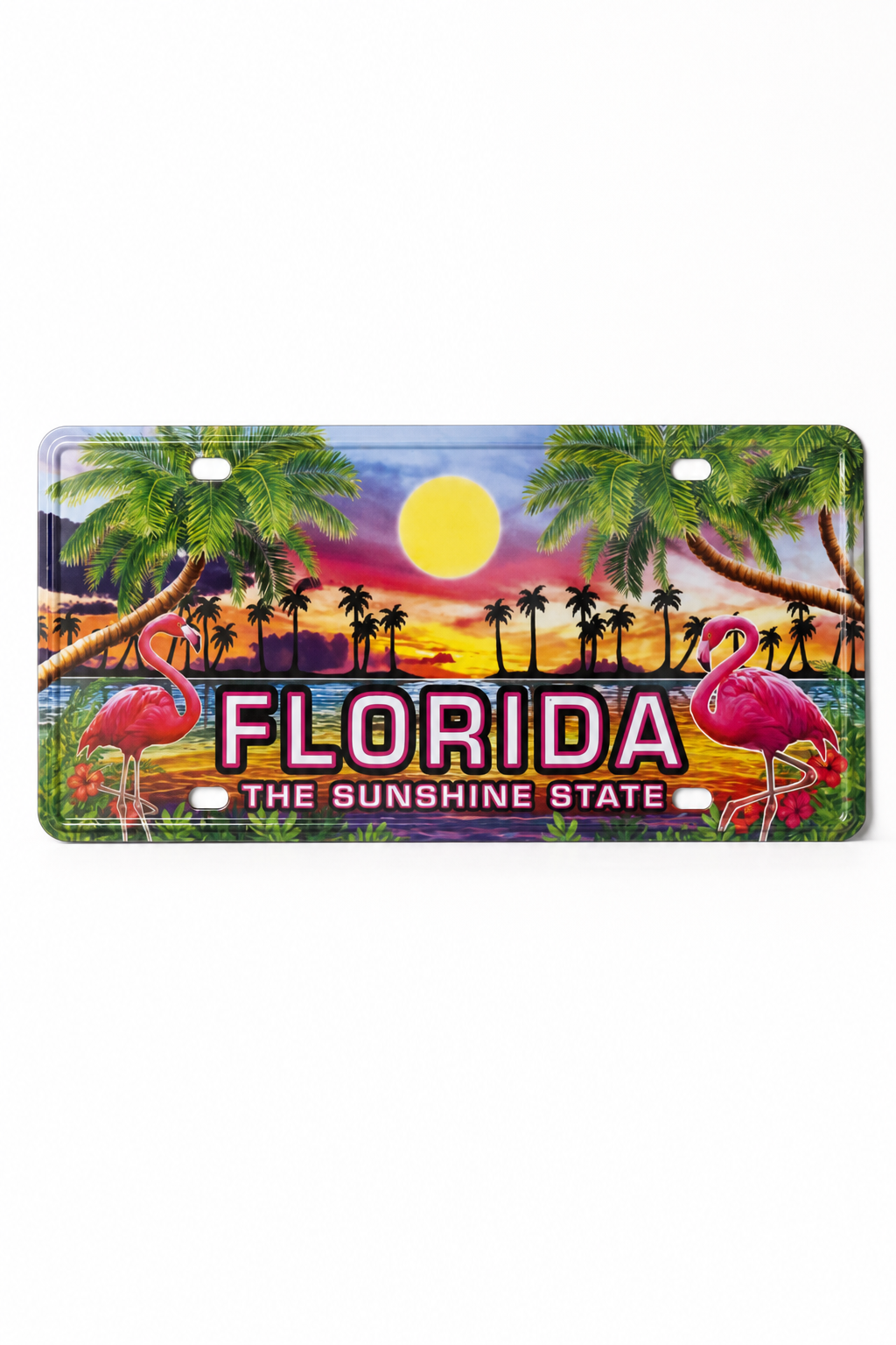 Florida The Sunshine State Decorative License Plate with Flamingo Sunset Design - 12 × 6 inches - Image 1