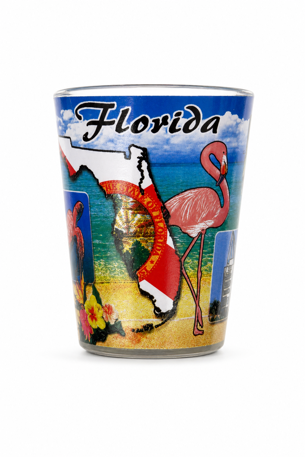 Colorful Florida Souvenir Shot Glass with Iconic Flamingo and Beach Design - Image 1