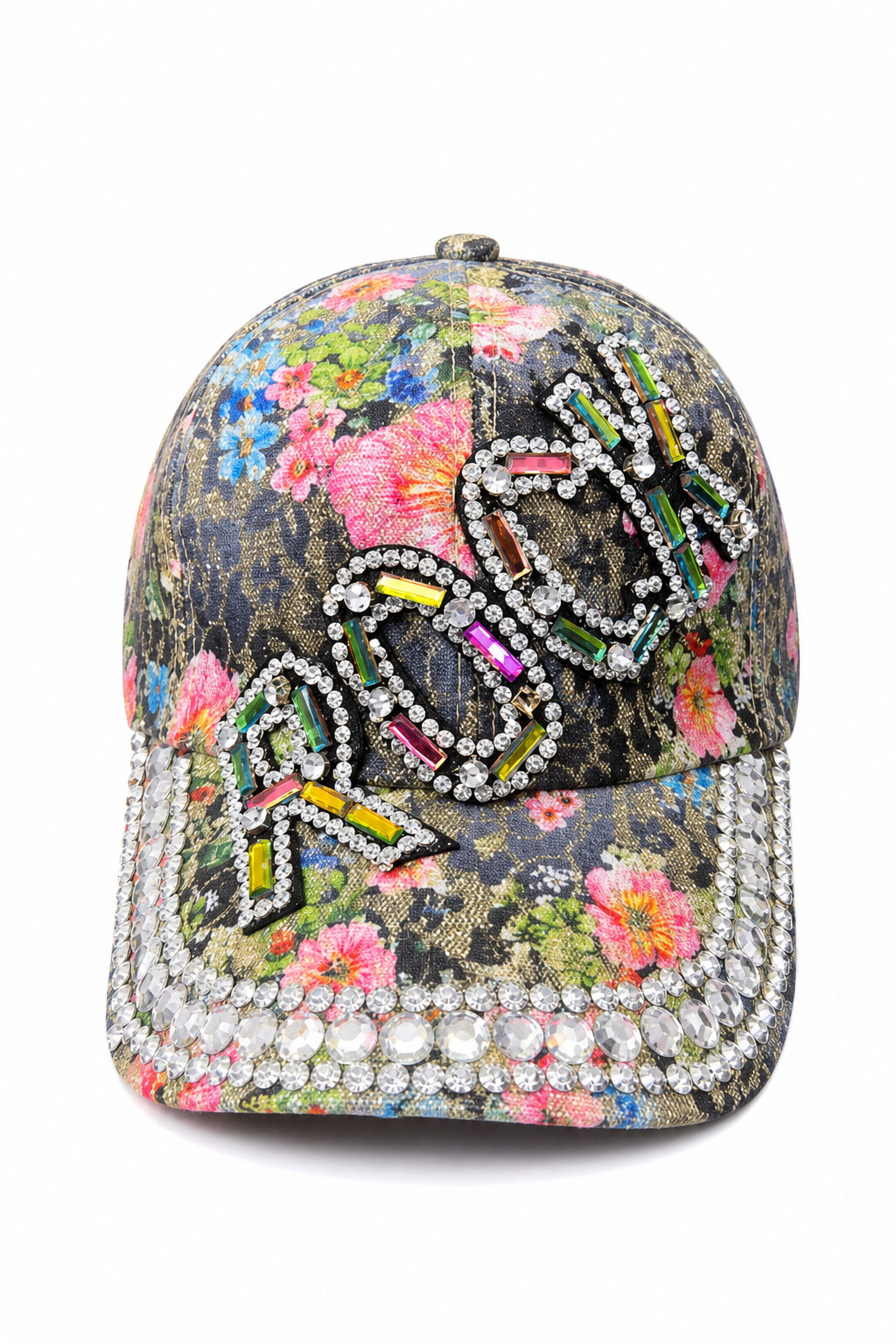 Floral Pattern Baseball Cap with Colorful Rhinestone Accent - Image 1