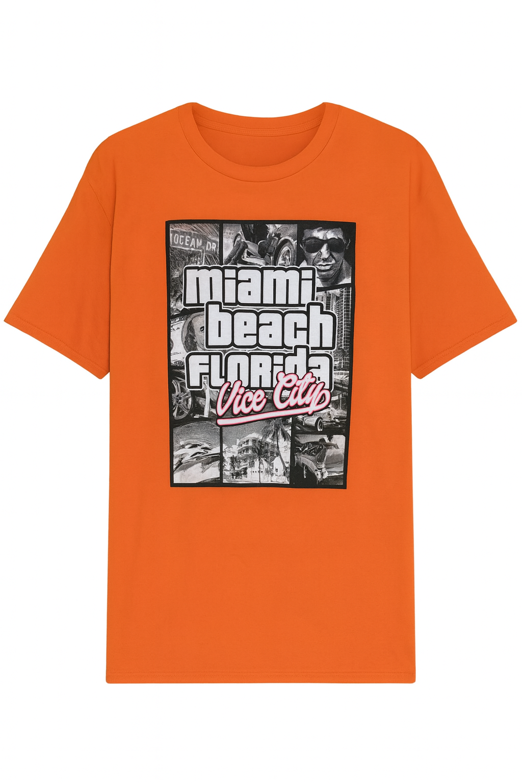 Miami Beach Florida Vice City Graphic T-Shirt - Bold Orange Design - Image 1