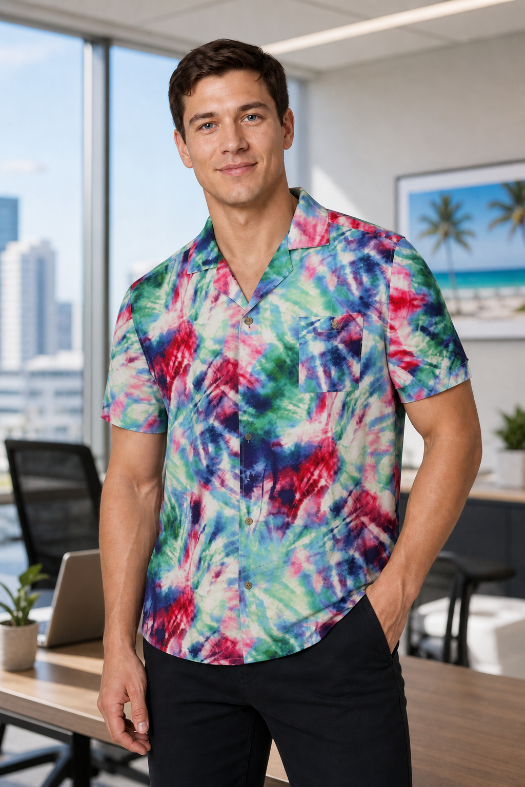 Uzzi Colorful Tie-Dye Casual Short Sleeve Shirt for Tourists - Image 2