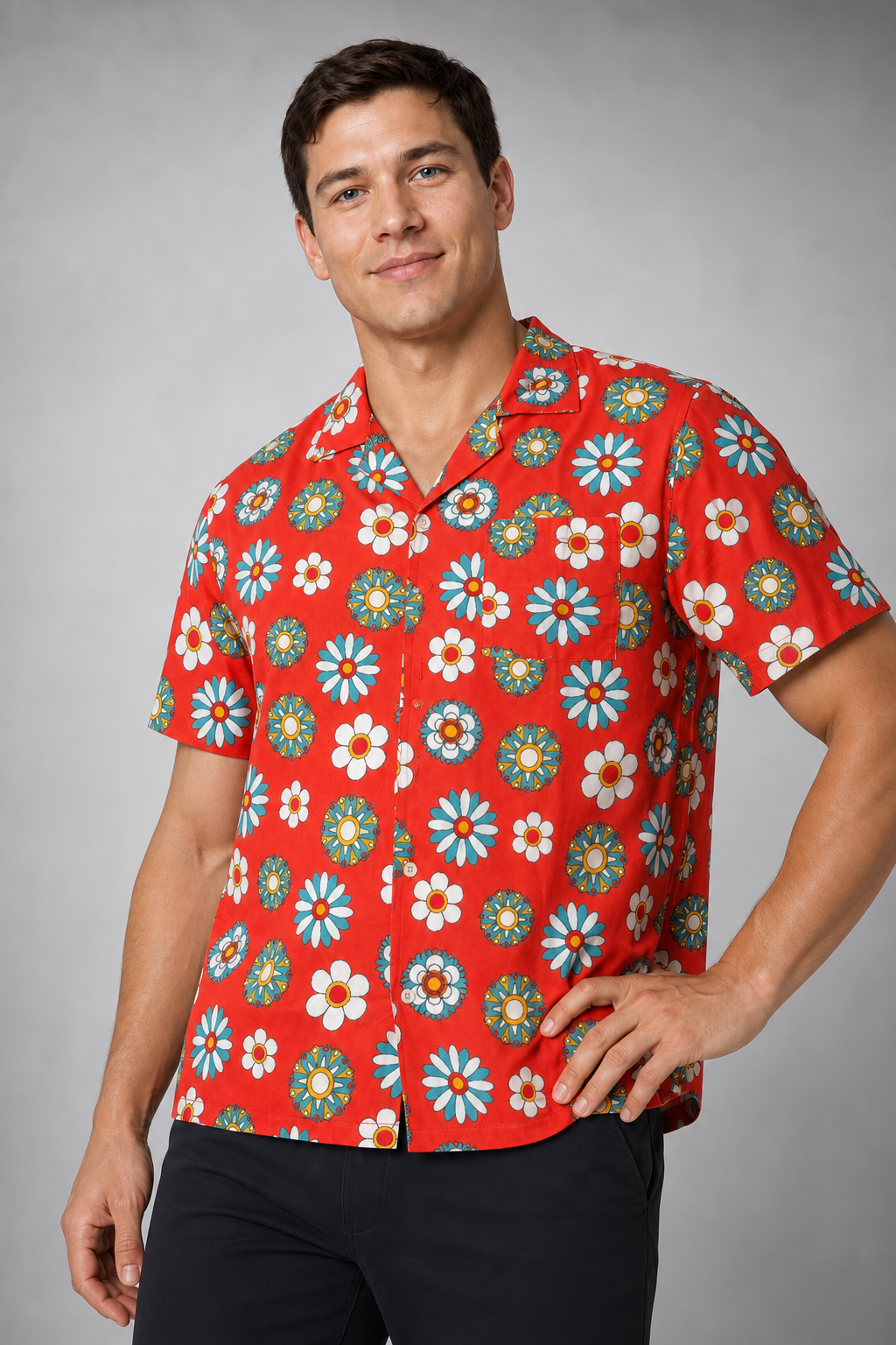 Uzzi Vibrant Red Floral Casual Shirt for Miami Tourists - Image 2