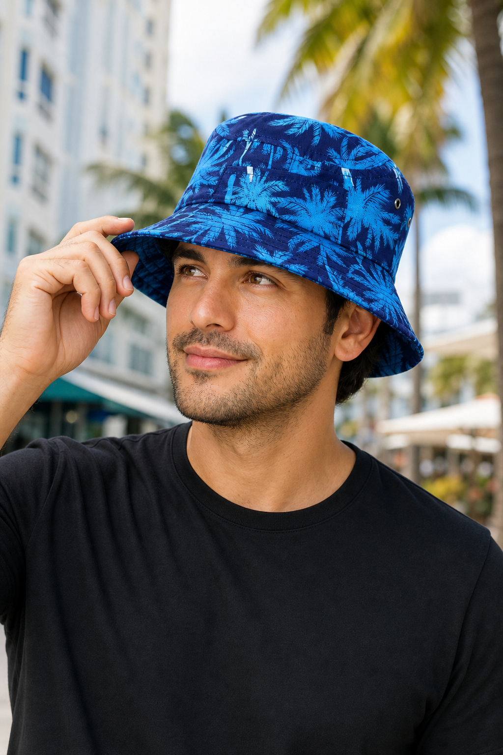 Uzzi Blue Palm Tree Print Bucket Hat for Tourists - Image 2