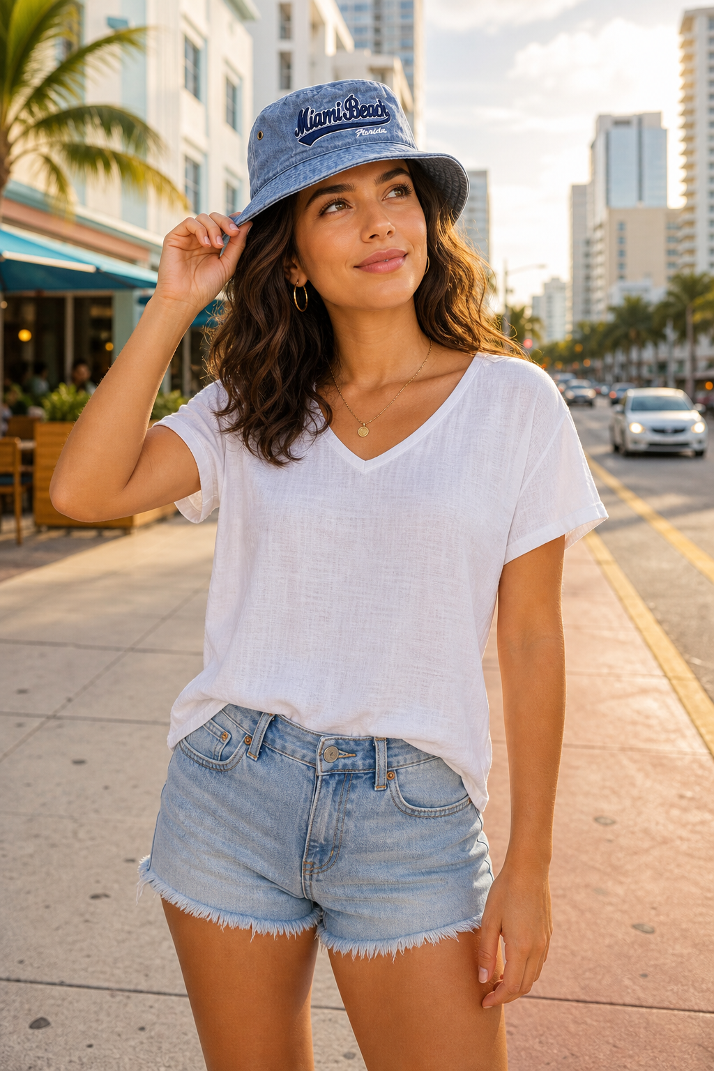 Casual Denim Bucket Hat with Miami Beach Embroidery - Image 2