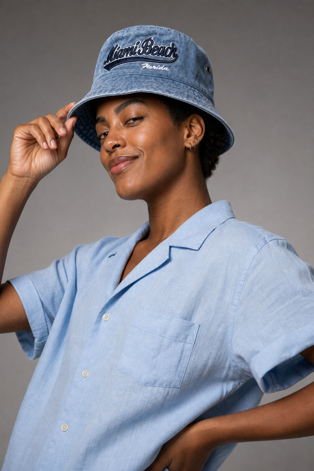 Casual Denim Bucket Hat with Miami Beach Embroidery - Image 3