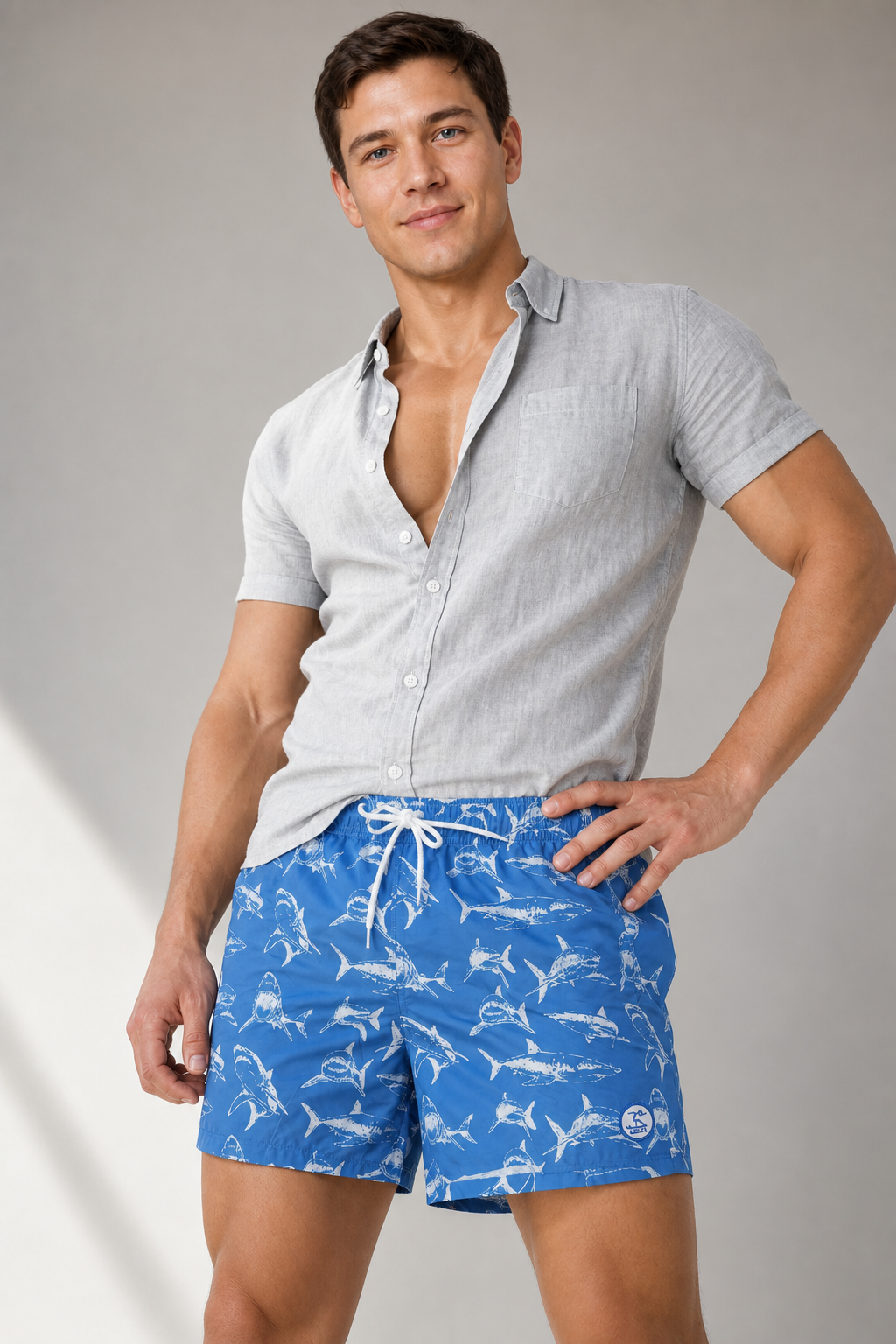 Uzzi Blue Shark Print Casual Swim Shorts for Men - Image 3