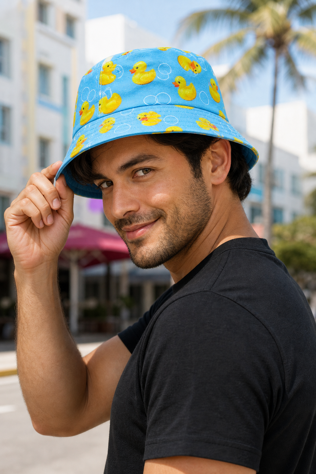 Playful Blue Bucket Hat with Yellow Rubber Duck Pattern for Tourists - Image 3