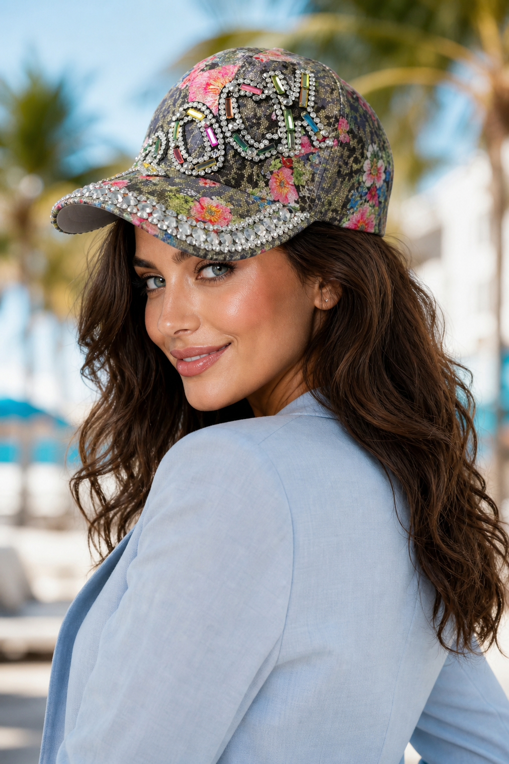 Floral Pattern Baseball Cap with Colorful Rhinestone Accent - Image 2