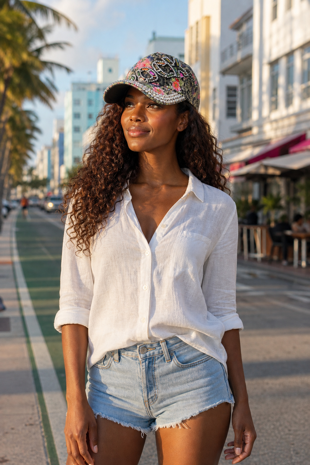 Floral Pattern Baseball Cap with Colorful Rhinestone Accent - Image 3