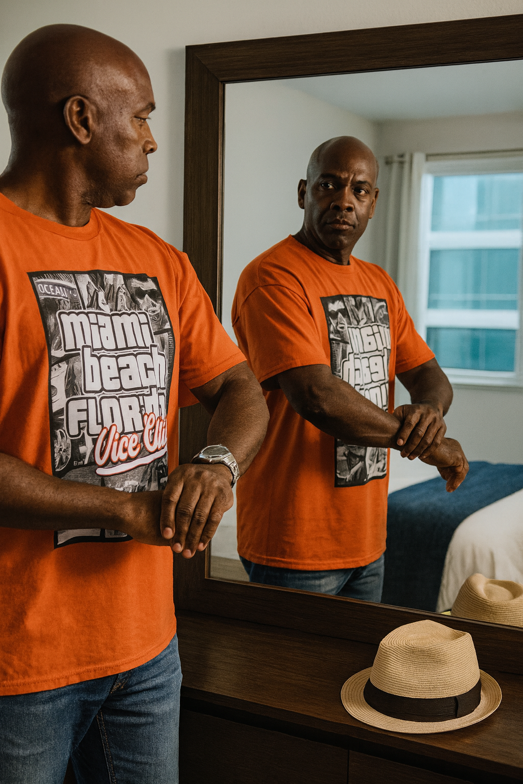 Miami Beach Florida Vice City Graphic T-Shirt - Bold Orange Design - Image 2