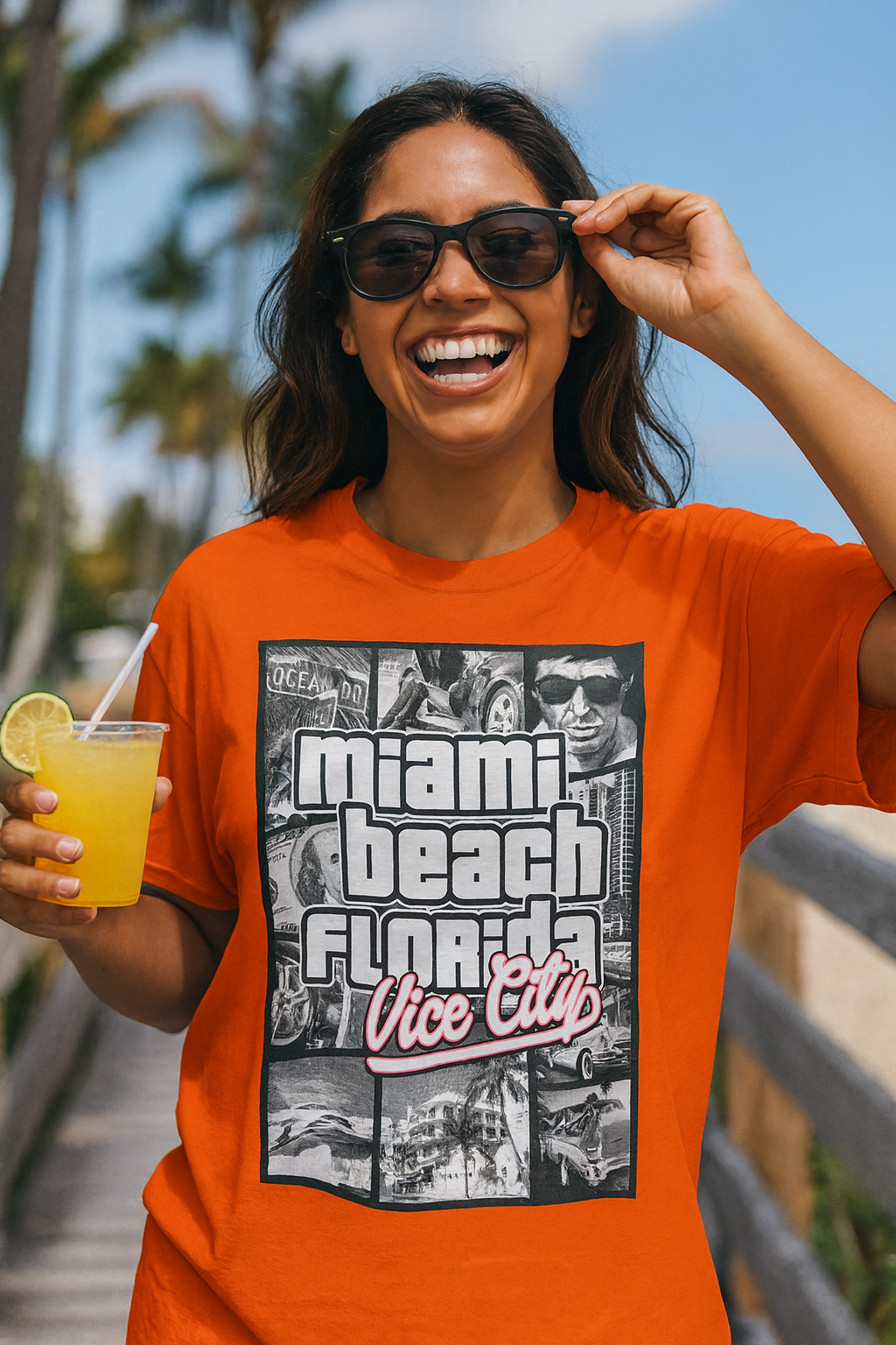 Miami Beach Florida Vice City Graphic T-Shirt - Bold Orange Design - Image 3