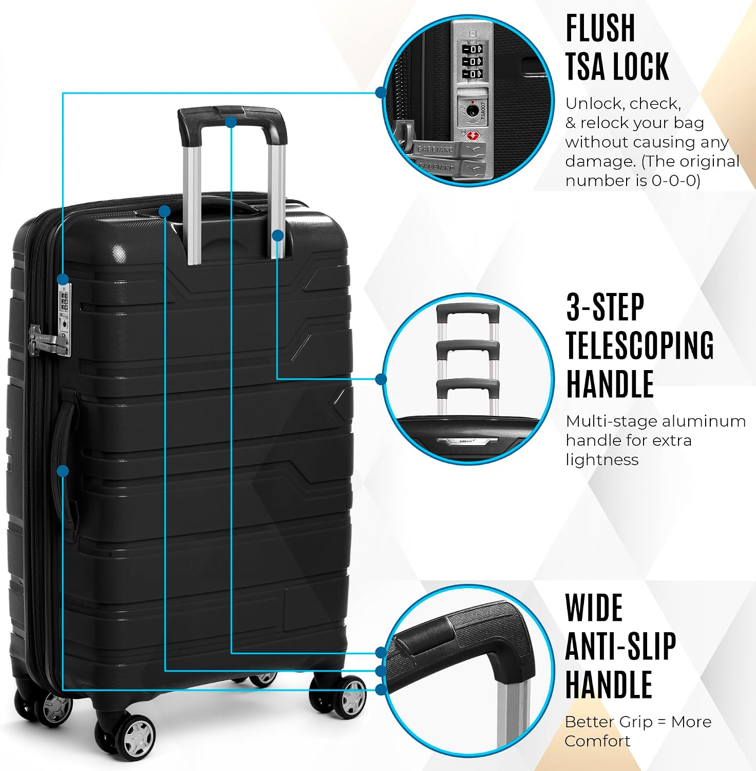 Gabiano Lightweight Black Carry-On Suitcase with Spinner Wheels - BLUE - Image 2