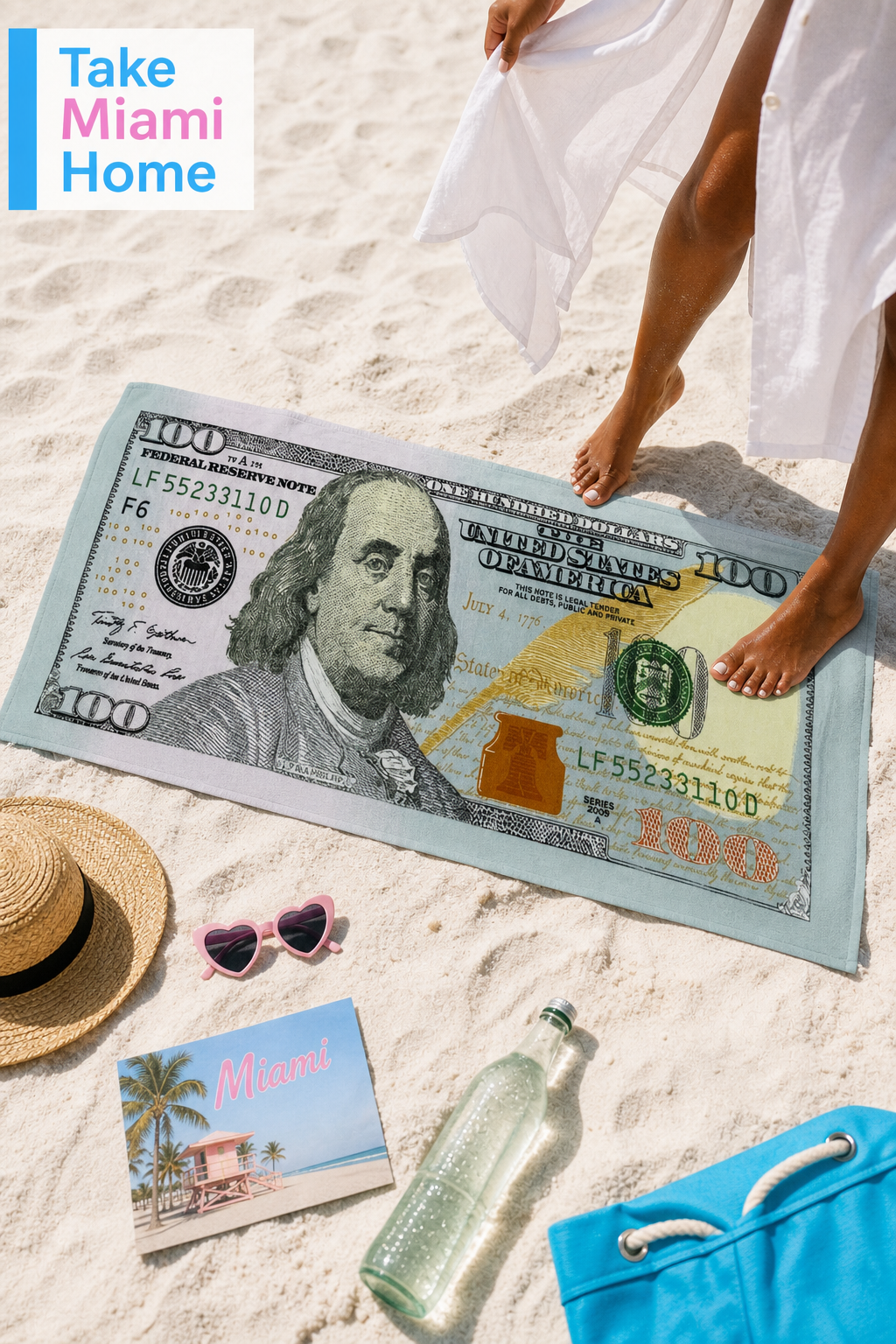 Miami Beach Souvenir Beach Towel with $100 Bill Design - 30 × 60 inches - Image 3