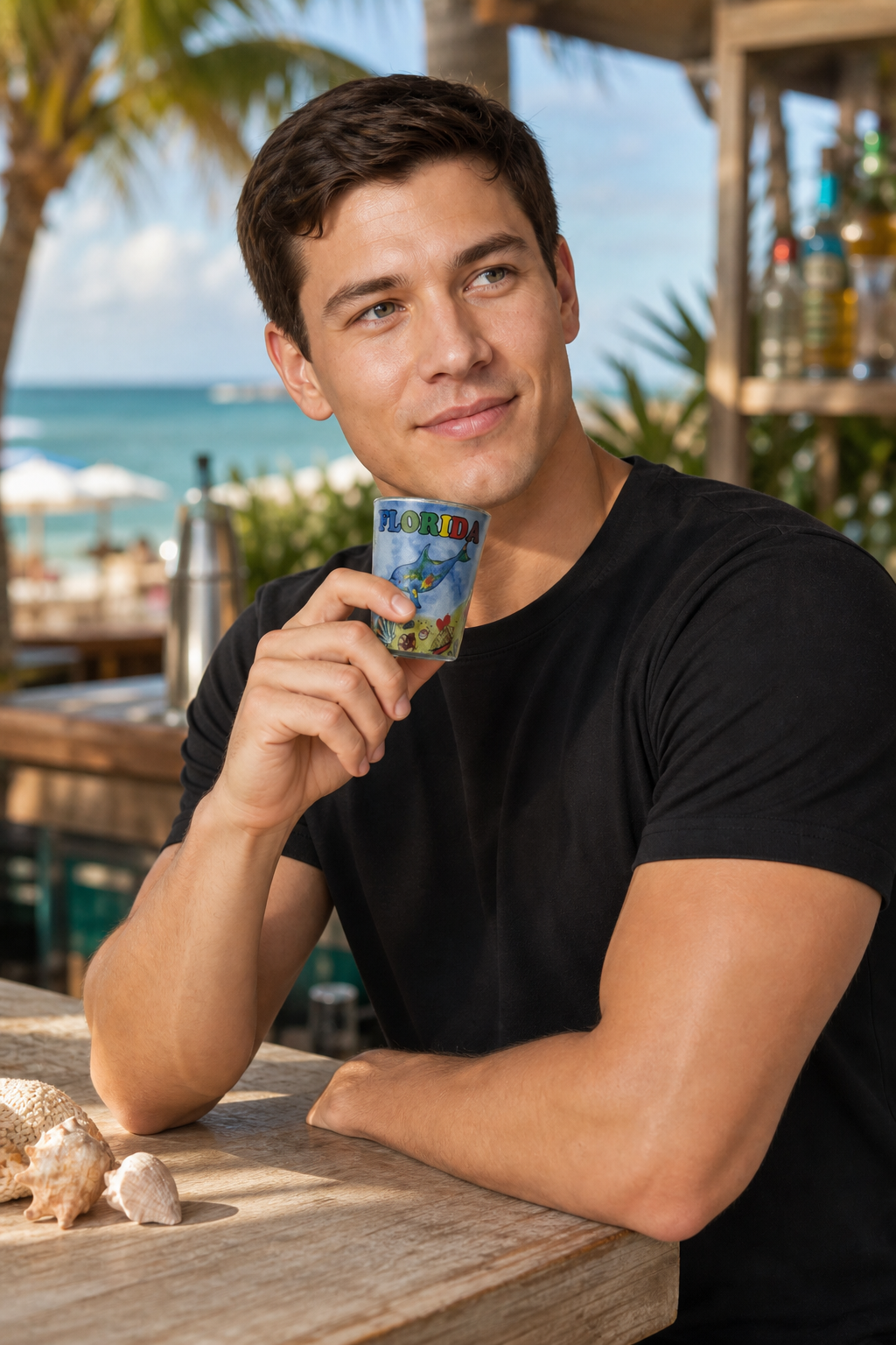 Colorful Florida-Themed Souvenir Shot Glass with Dolphin and Seashell Design - Image 3
