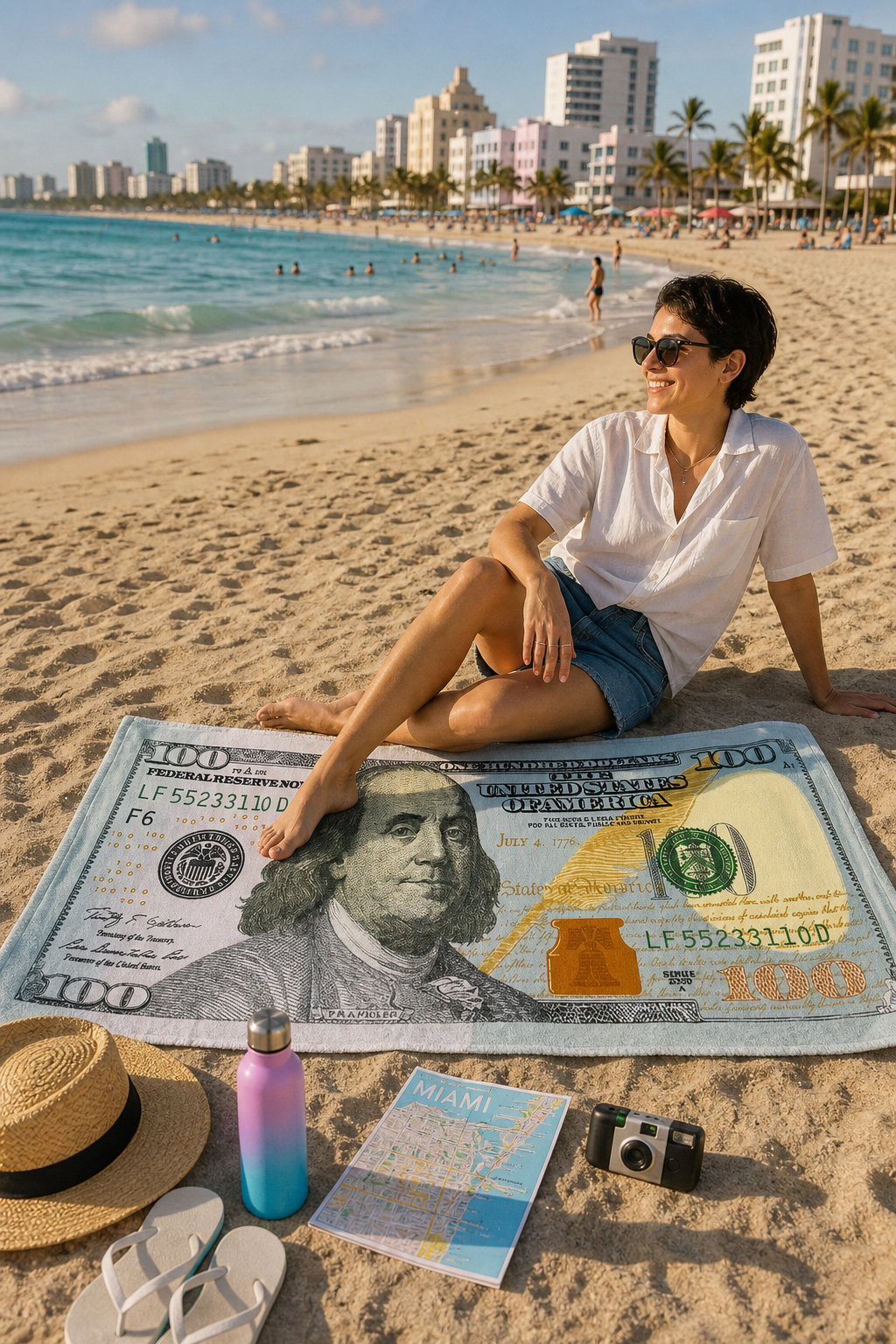 Miami Beach Souvenir Beach Towel with $100 Bill Design - 30 × 60 inches - Image 2
