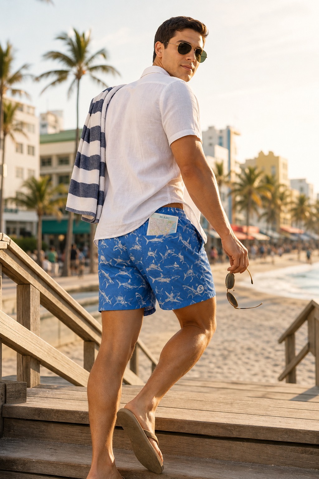 Uzzi Blue Shark Print Casual Swim Shorts for Men - Image 2