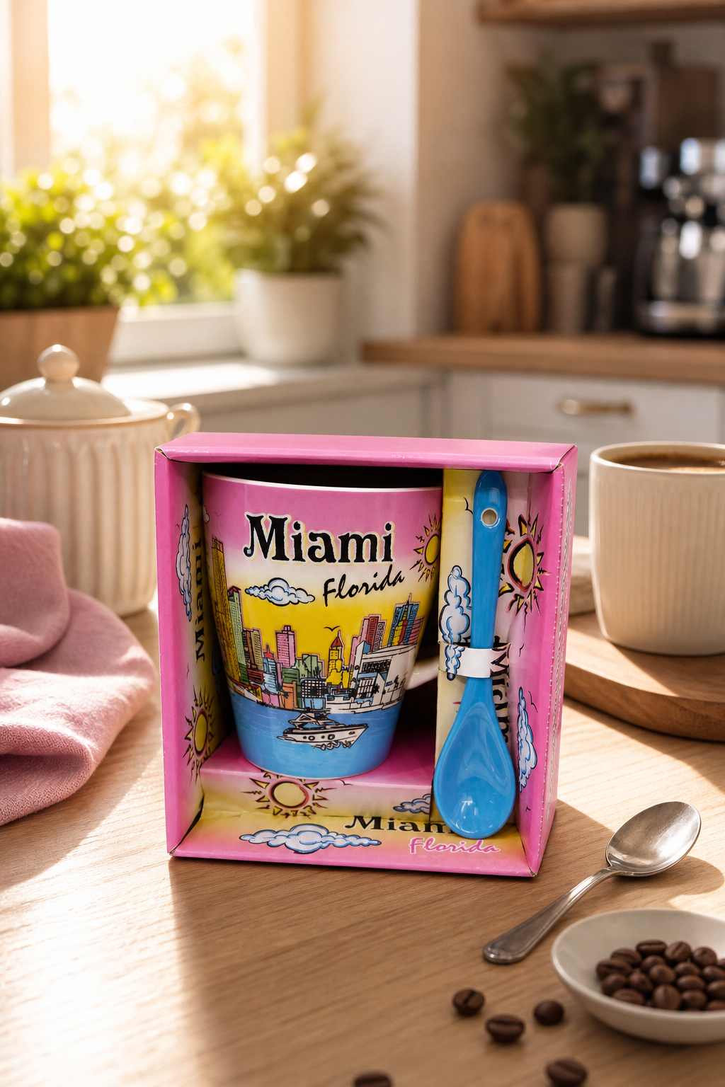 Miami Beach Souvenir Ceramic Mug with Spoon - Colorful Tourist Gift - Image 2
