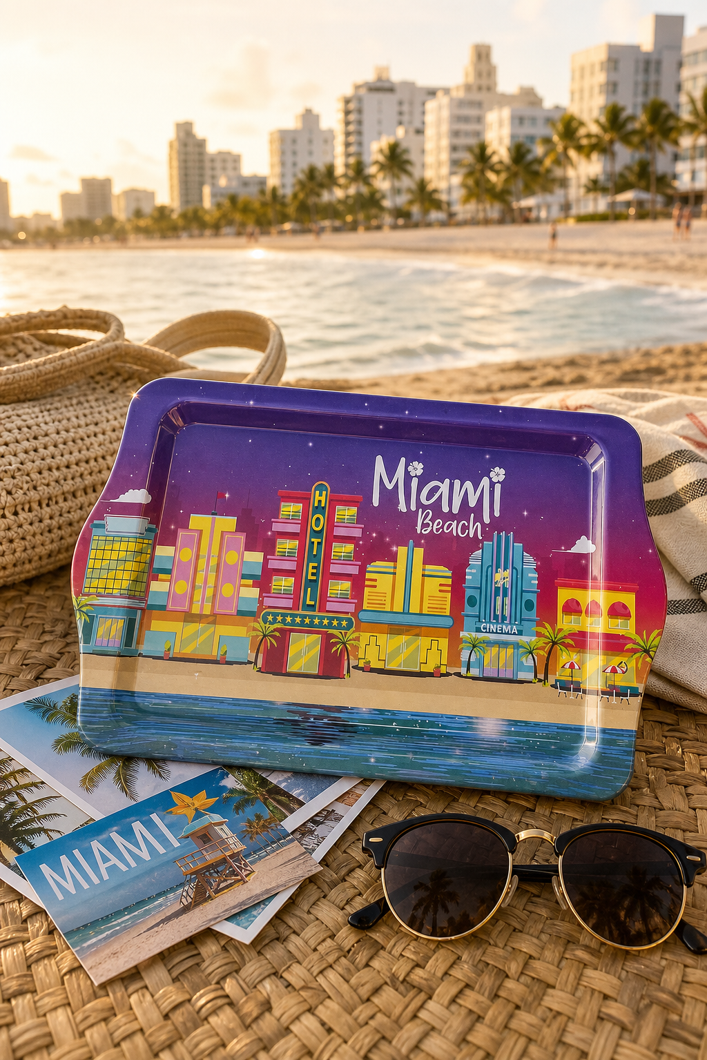 Colorful Miami Beach Souvenir Serving Tray with Iconic Skyline Design - 8 × 5 inches - Image 2