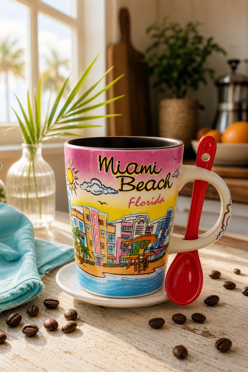 Colorful Miami Beach Florida Souvenir Mug with Matching Spoon - Image 3